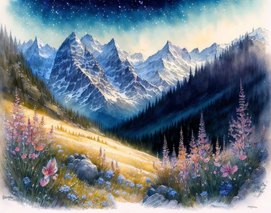 Colorful watercolor painting of mountain range, starry sky, and wildflowers