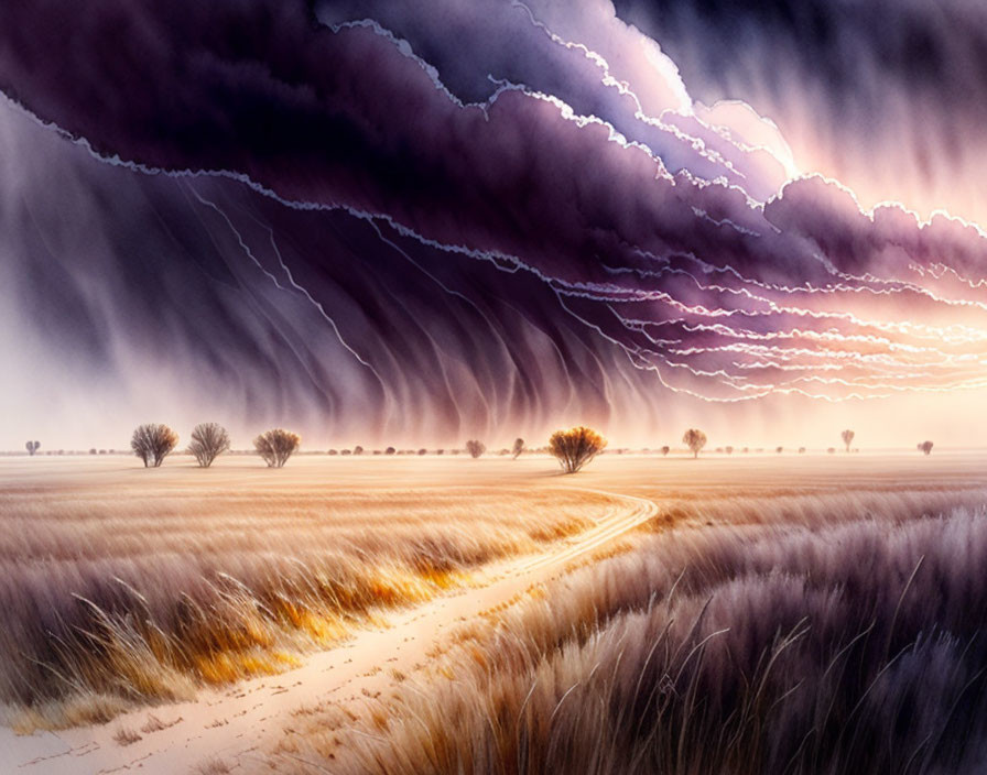 Dramatic landscape with winding path through golden fields under purple storm clouds