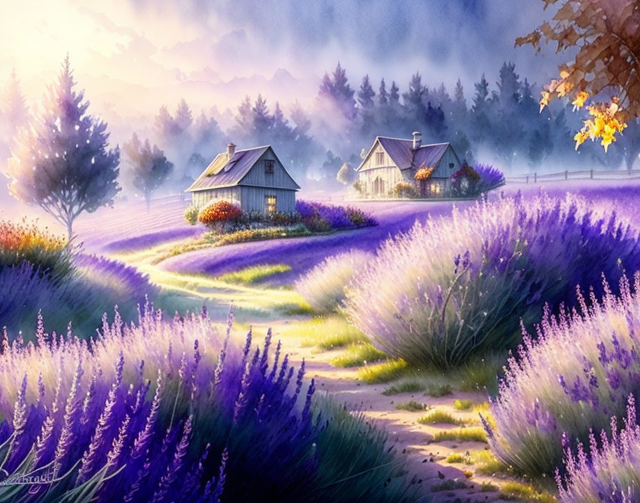 Tranquil landscape with cottages in lavender fields