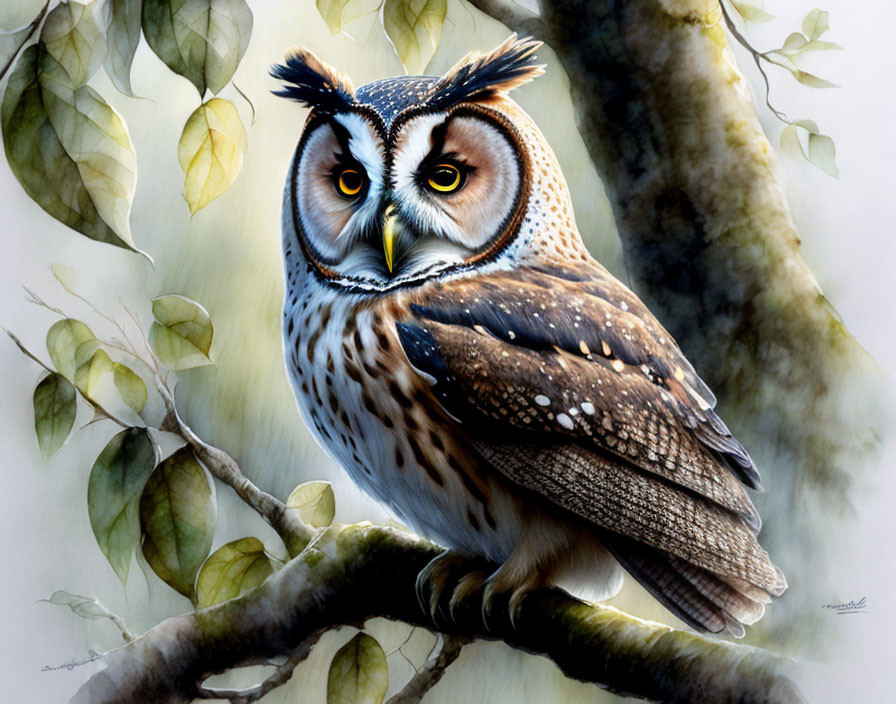 Realistic Great Horned Owl Painting on Tree Branch with Green Leaves