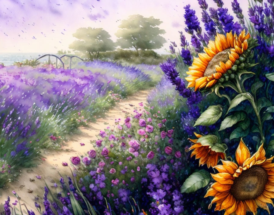 Lavender Field with Sunflowers, Bench, and Trees