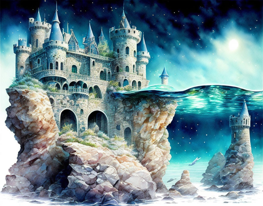 Enchanting castle on rugged cliffs under starry sky and calm sea