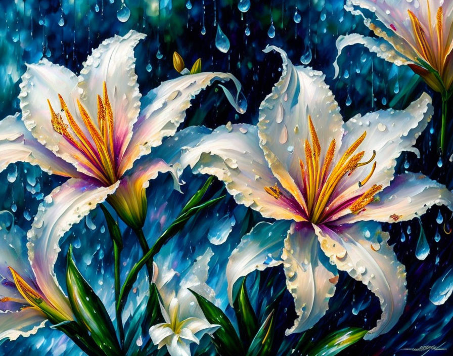 Colorful lilies with water droplets on blue background