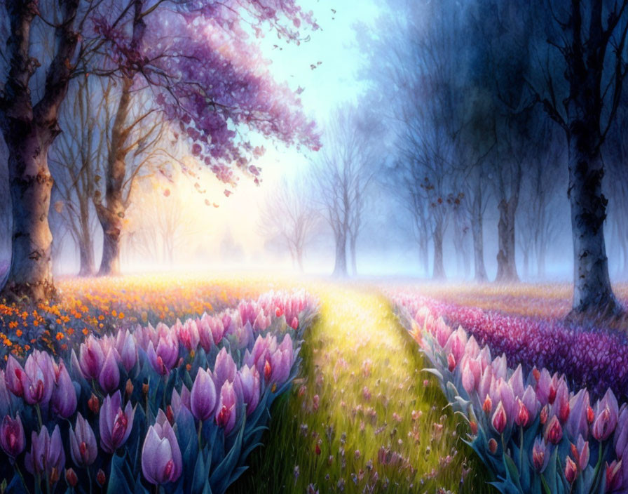 Tranquil landscape with tulip-lined path and blossoming trees