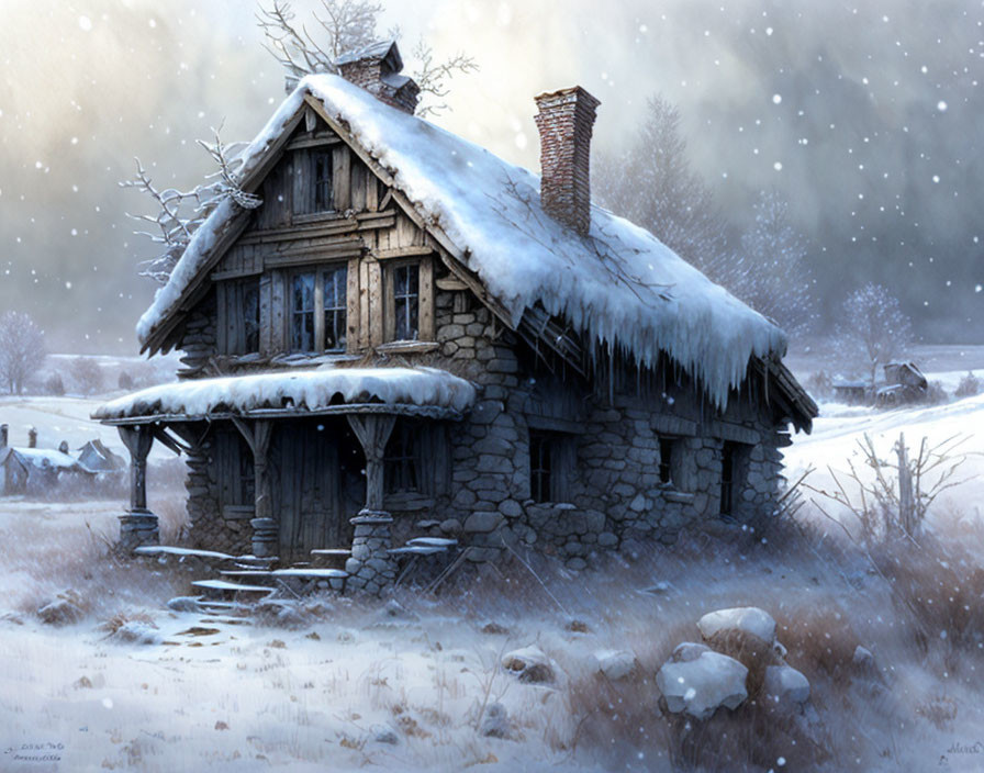 Snowy stone cottage in wintry landscape with falling snowflakes