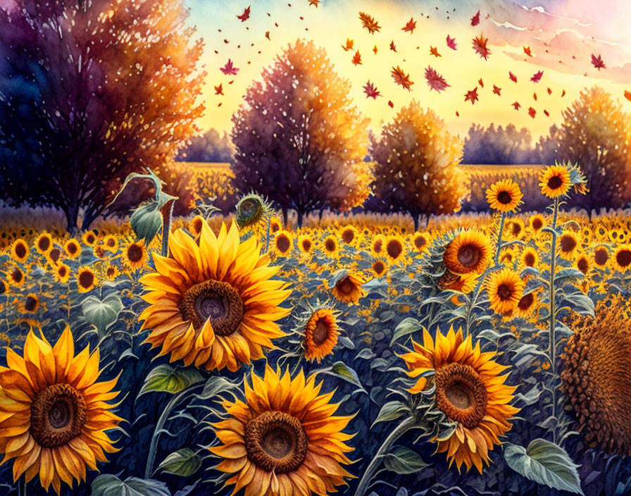 Sunflower Field with Sunset Sky and Colorful Trees