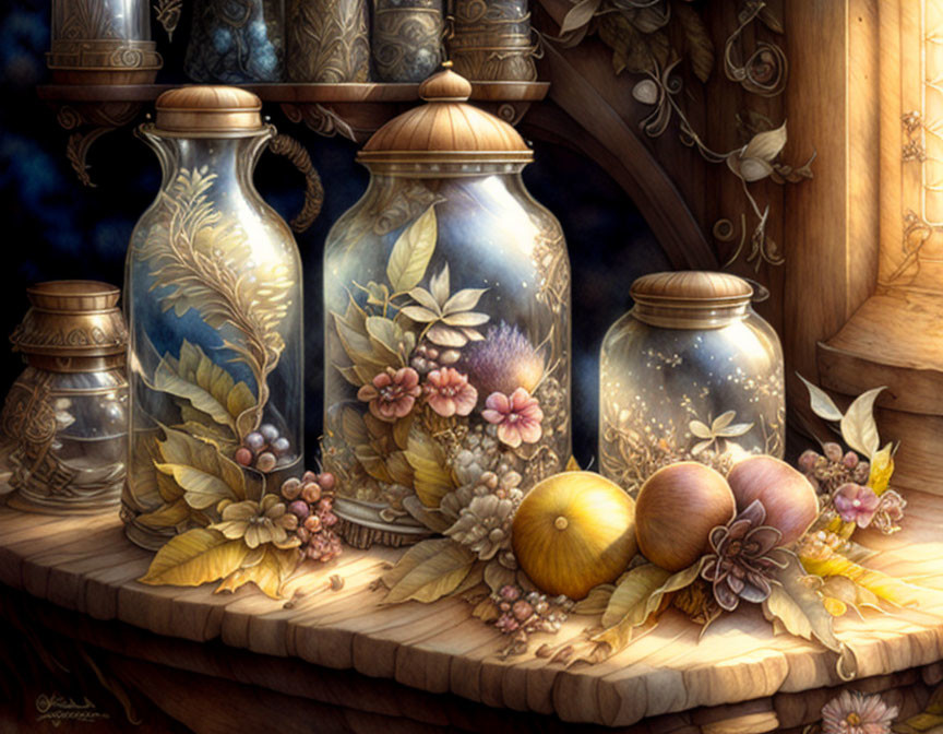 Colorful fruits, ornate jars, glowing butterflies in intricate still-life painting