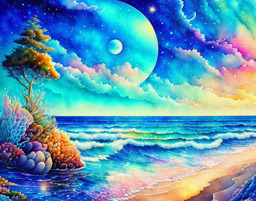 Colorful Surreal Seascape with Moon, Rainbow Horizon, and Coral