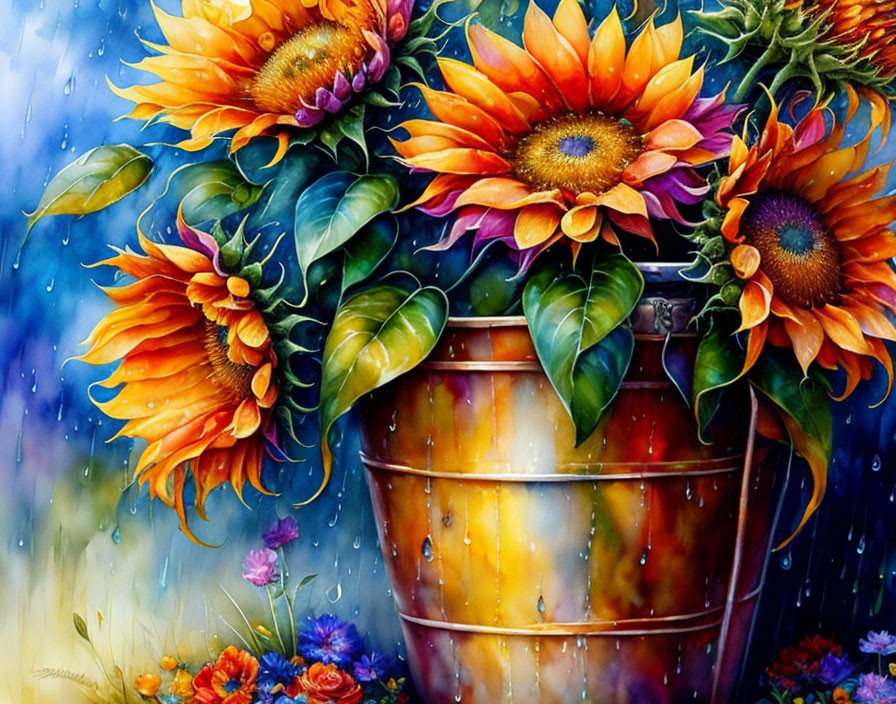 Colorful Sunflowers in Bucket with Raindrop Details