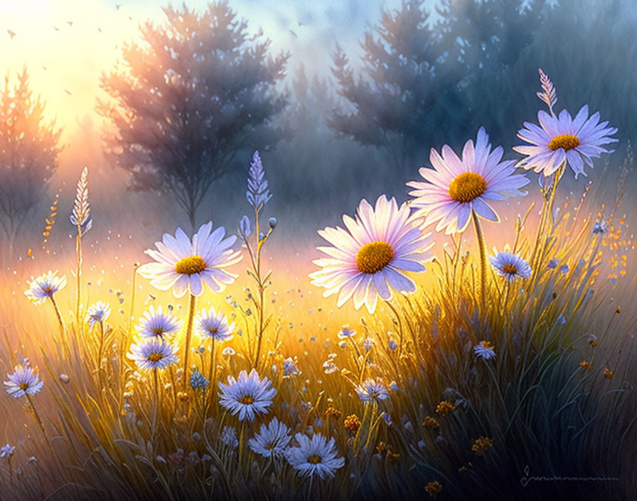 Sunlit daisies in misty forest setting: serene morning scene