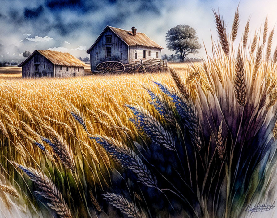 Rustic countryside with wooden house, barn, wheat fields, and cloudy sky