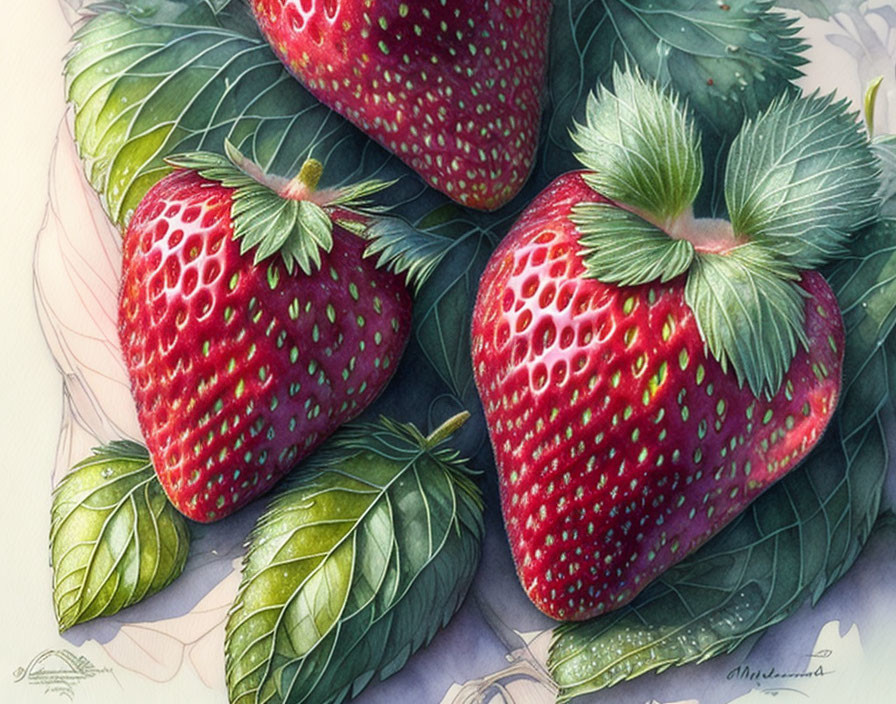 Detailed Illustration of Ripe Strawberries with Seeds and Green Leaves