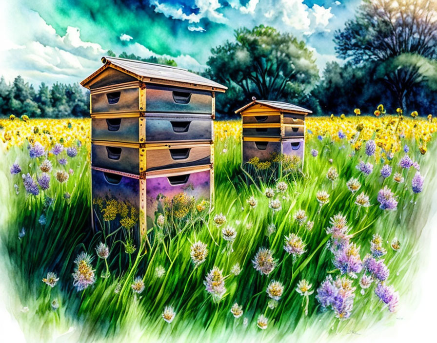 Vibrant Illustration: Colorful Beehives in Meadow