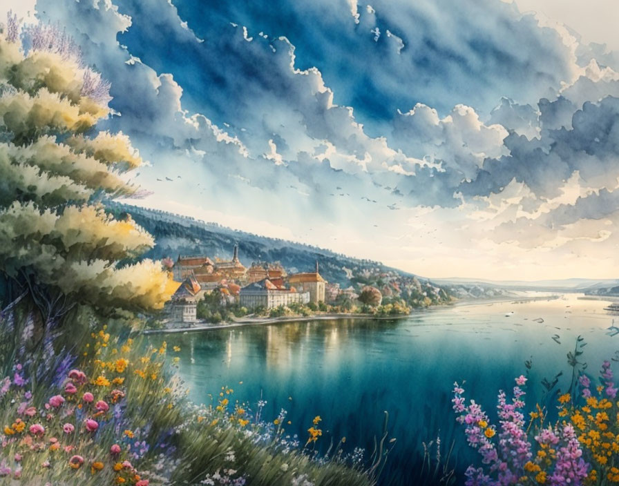 Tranquil watercolor scene: river, town, flora, sky