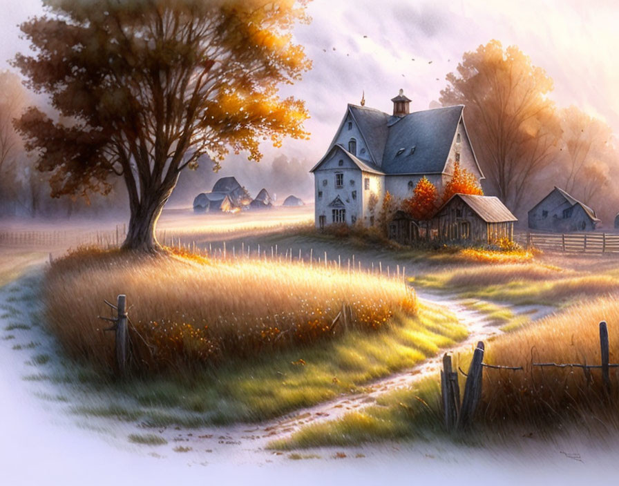 Tranquil autumn sunrise over farmhouse and golden fields