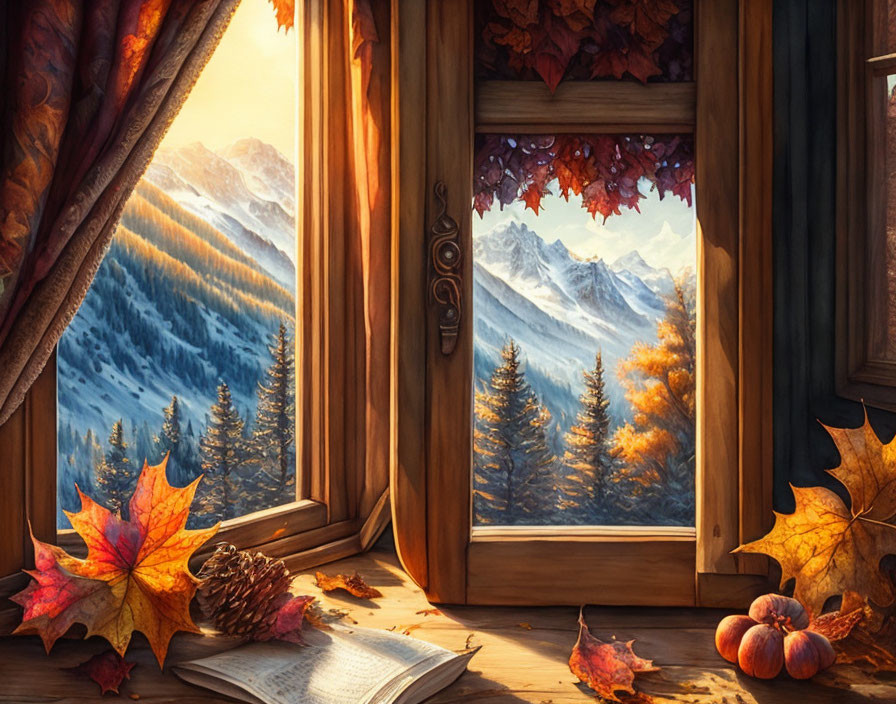 Cozy autumn window view with book, pine cone, apples, and mountain backdrop