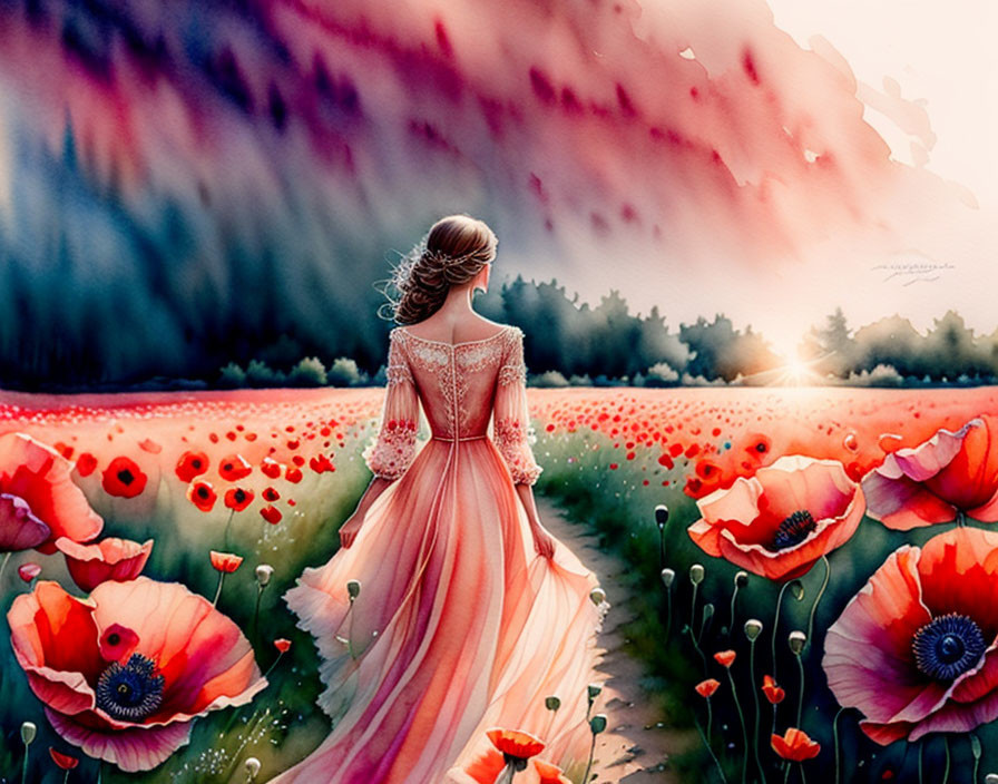 Woman in flowing dress in poppy field at sunset with dramatic sky