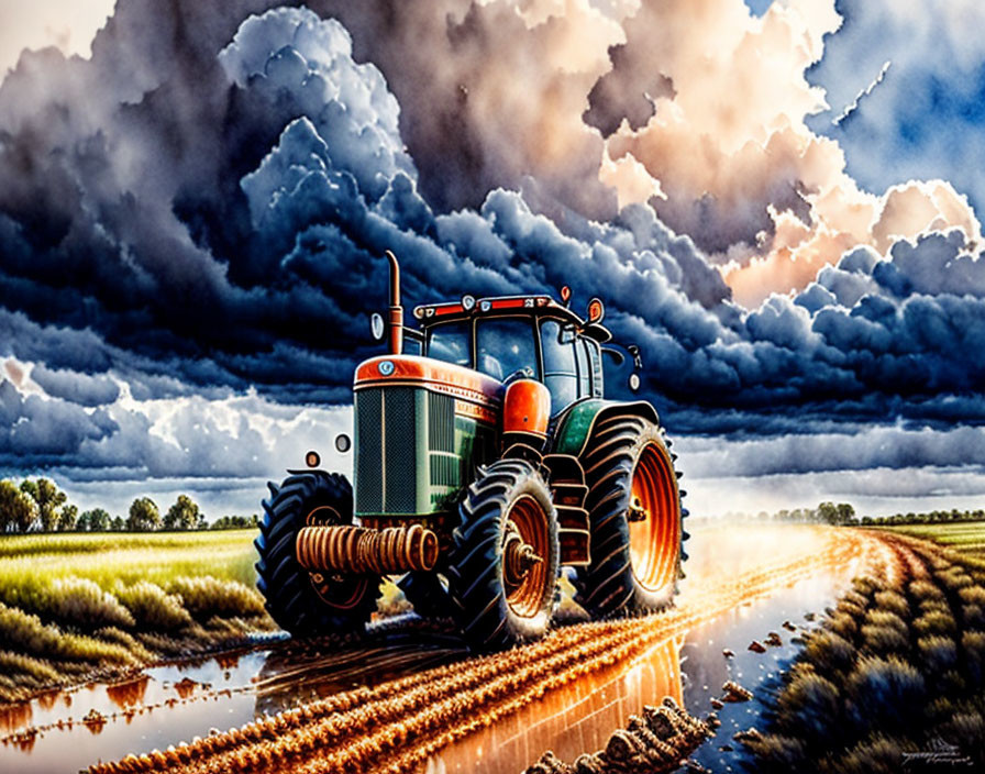 Orange tractor plowing field under stormy skies