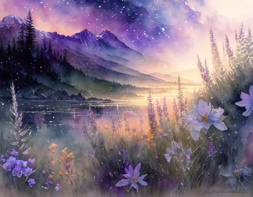 Purple mountains watercolor landscape with starry sky and blooming wildflowers