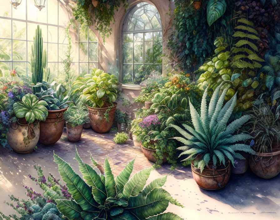 Greenhouse with Potted Plants and Arched Windows