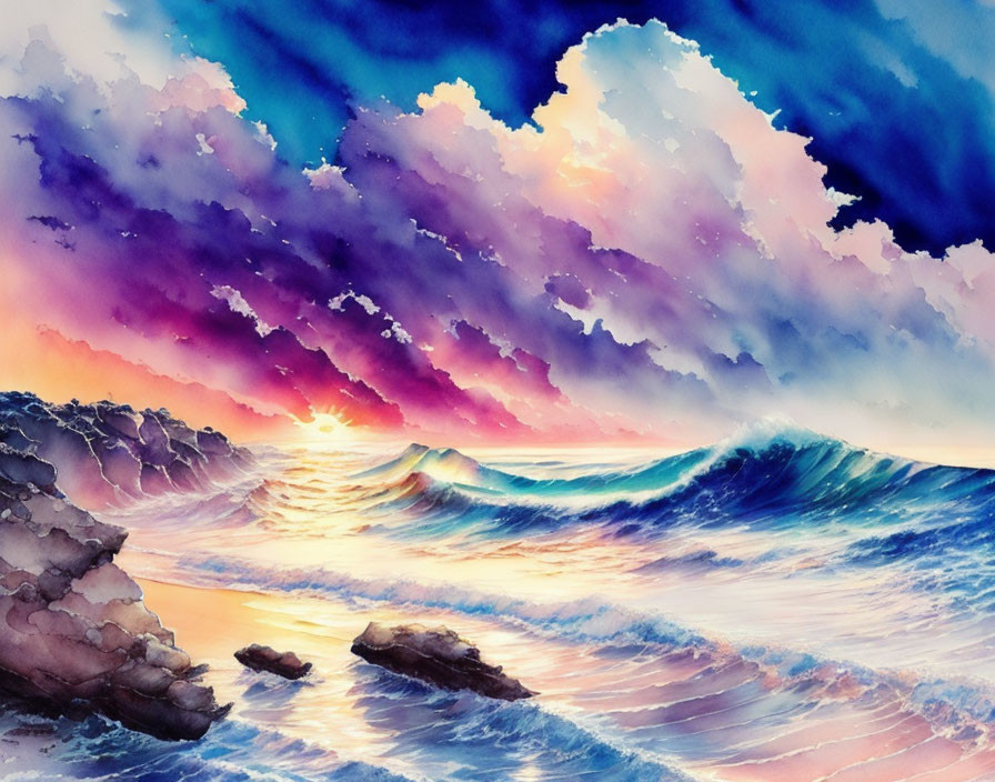 Colorful Watercolor Sunset Over Ocean Shore with Purple Clouds