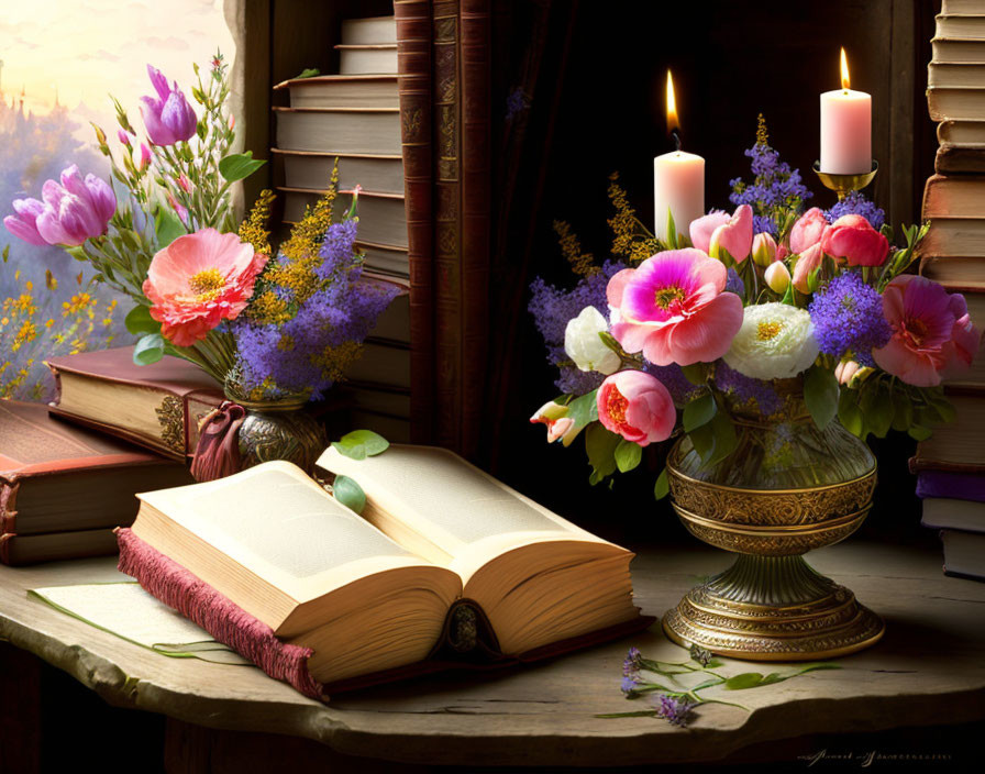 Open book on wooden table with flowers, candles, and twilight scenery.