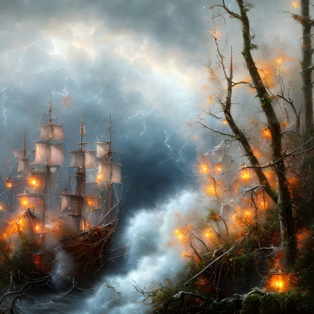 Stormy Sea with Sailing Ships & Forest Fire Scene in Art