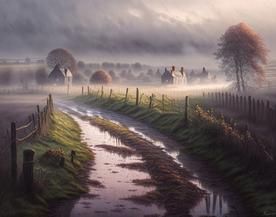 Tranquil country lane with cottages, misty fields, trees, and wildflowers at dawn