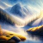 Snowy Mountain Range with Calm Lake and Pine Trees in Serene Landscape