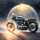 Vintage motorcycle on beach with moon, stars, and planets in surreal sky