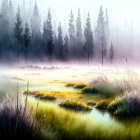 Tranquil marsh landscape with lily pads and coniferous forest