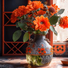 Detailed painting of vase, blooming flowers, butterflies, and ring in warm light