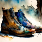 Stylish brown and blue leather boots watercolor illustration