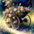 Wooden cart filled with vibrant flowers in mystical forest setting