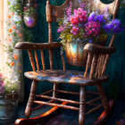 Colorful painting of wooden rocking chair with bouquet in sunlight