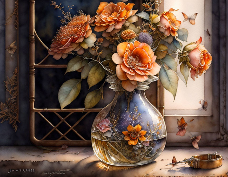 Detailed painting of vase, blooming flowers, butterflies, and ring in warm light