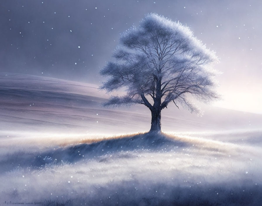 Solitary tree in snowy landscape under twilight sky