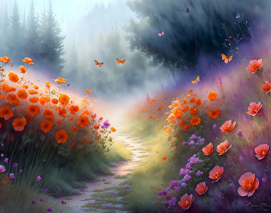 Tranquil forest path with orange flowers, mist, butterflies