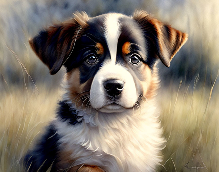 Tricolor puppy portrait with alert eyes in soft-focus background