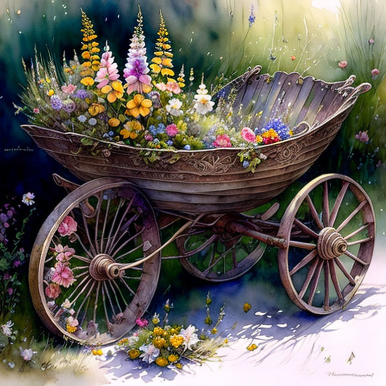 Antique wooden cart with vibrant flowers in lush greenery