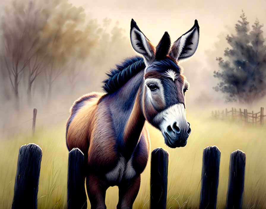 Donkey behind wooden fence in pastoral scene