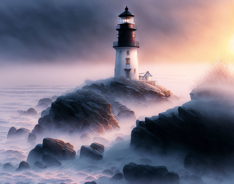 Lighthouse on rocky terrain in misty sunrise with rain