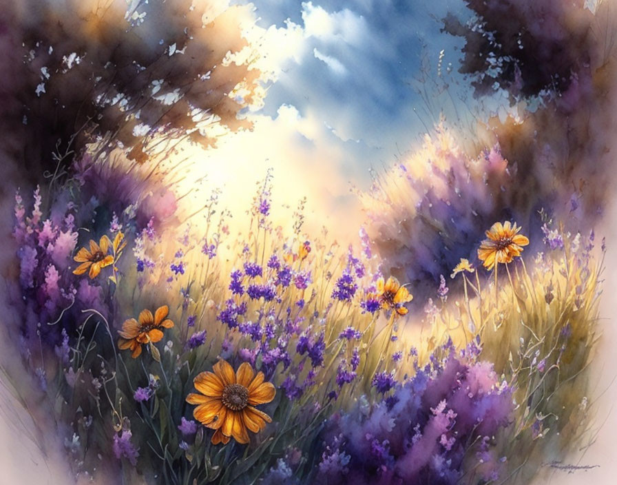 Tranquil watercolor painting of meadow with purple flowers and orange daisies at dusk