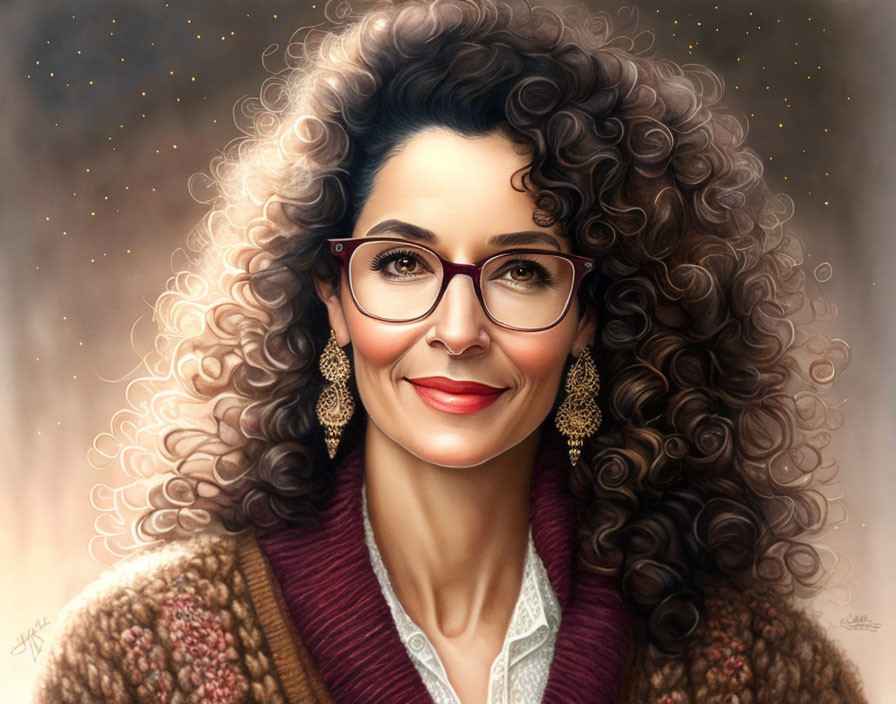 Smiling woman with curly hair, glasses, hoop earrings, and cozy sweater