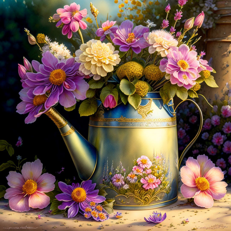 Colorful flowers in golden watering can painting on dappled background