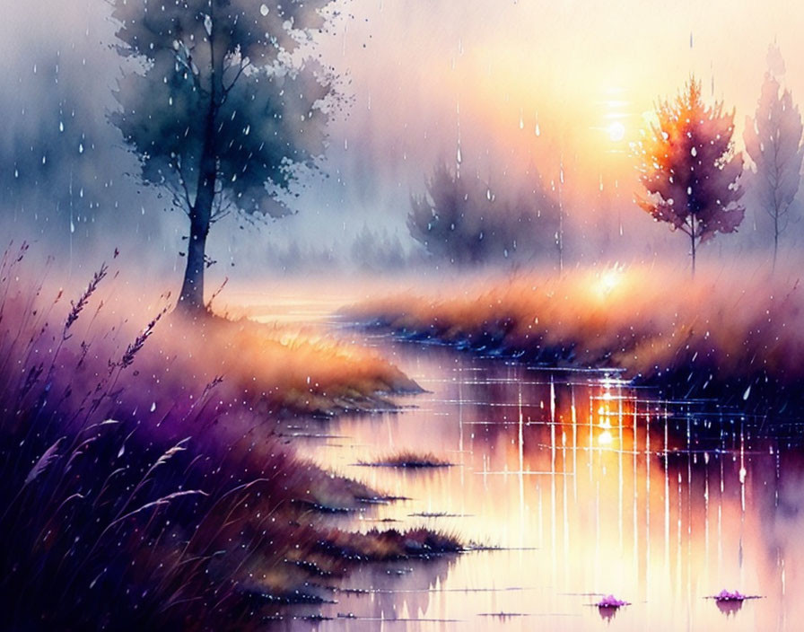 Serene landscape watercolor painting: river at sunset