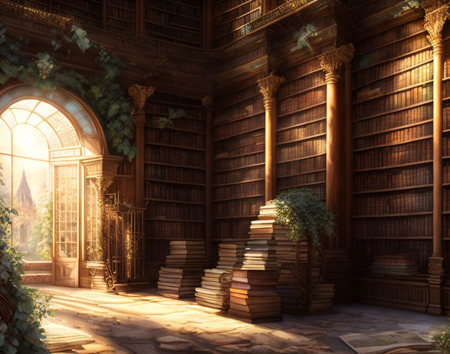 Sunlit library with arched window, towering bookshelves, books, and climbing ivy