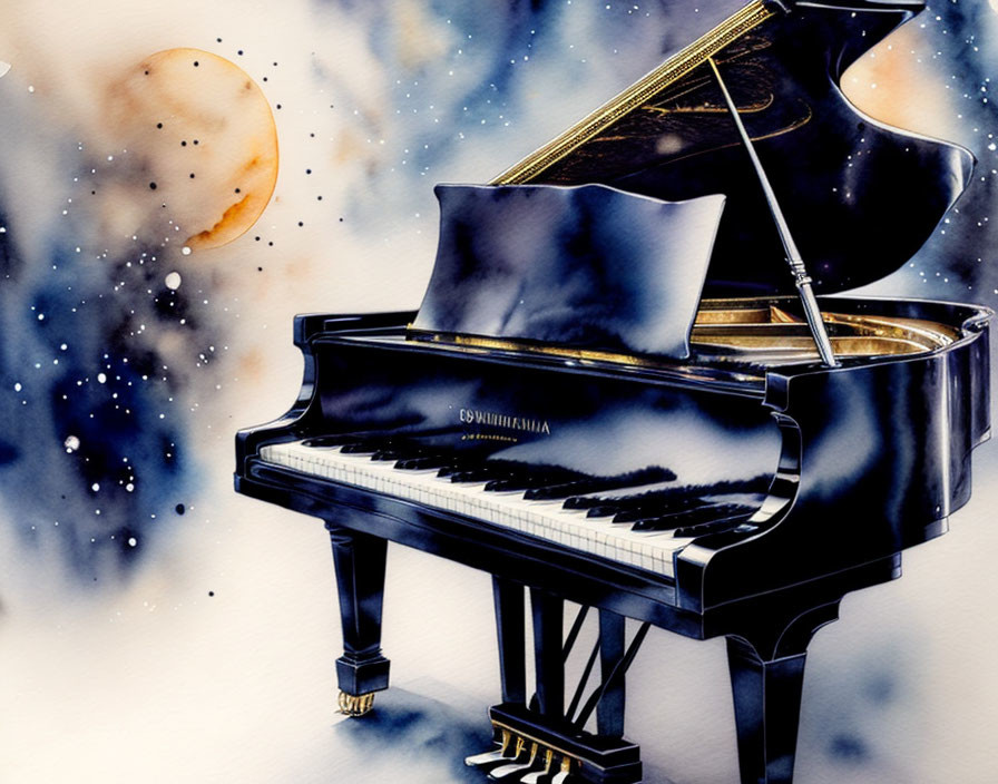 Grand Piano under Celestial Moonlit Sky