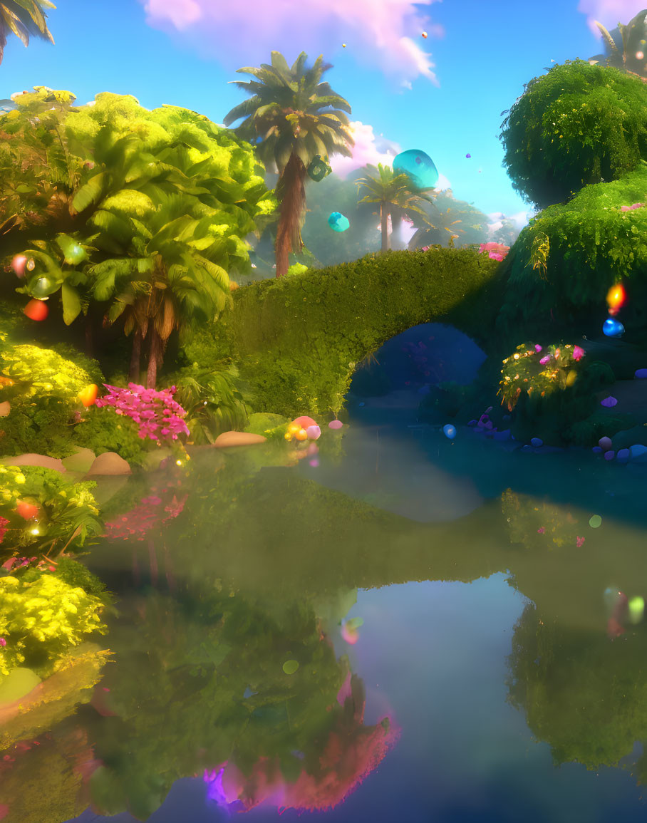 Colorful Fantasy Landscape with Reflective Pond and Floating Orbs