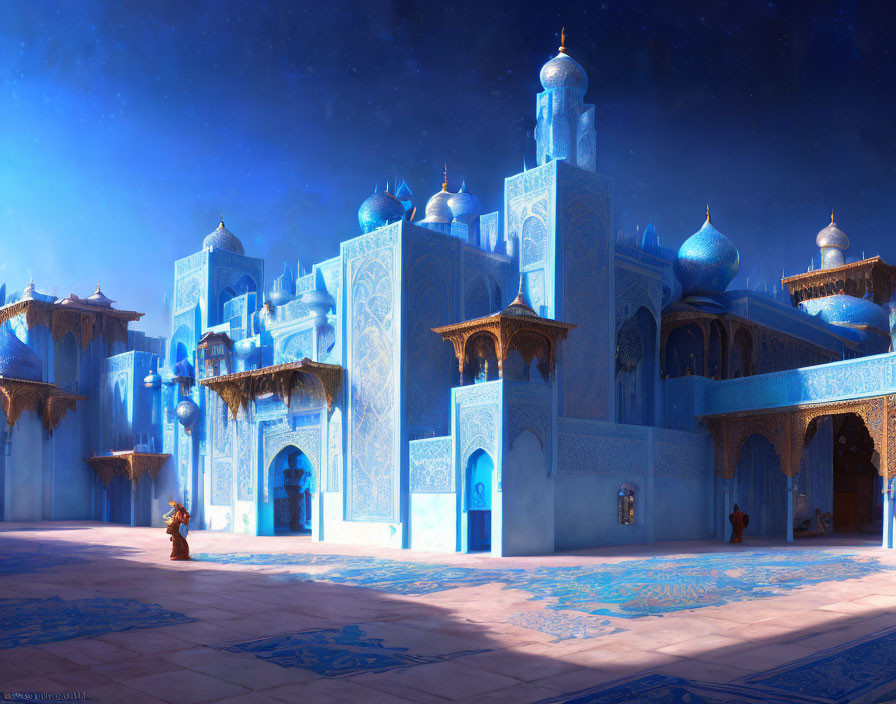 Fantastical Blue City Night View with Ornate Buildings